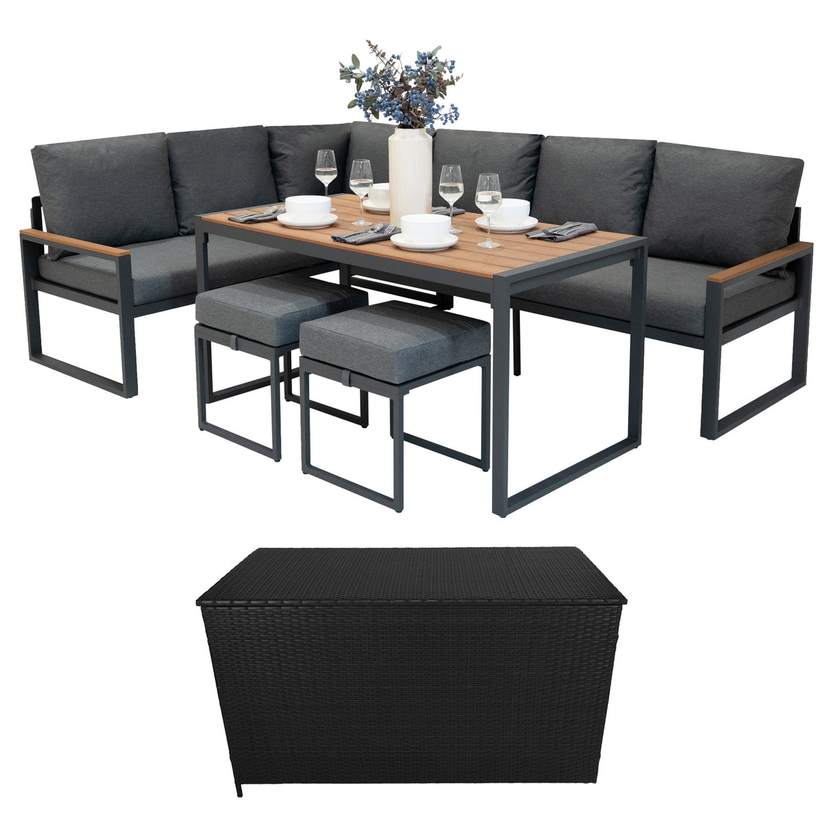 Conjunto Sofá de Canto em Alumínio Efeito Madeira + Caixa em Rattan Preto