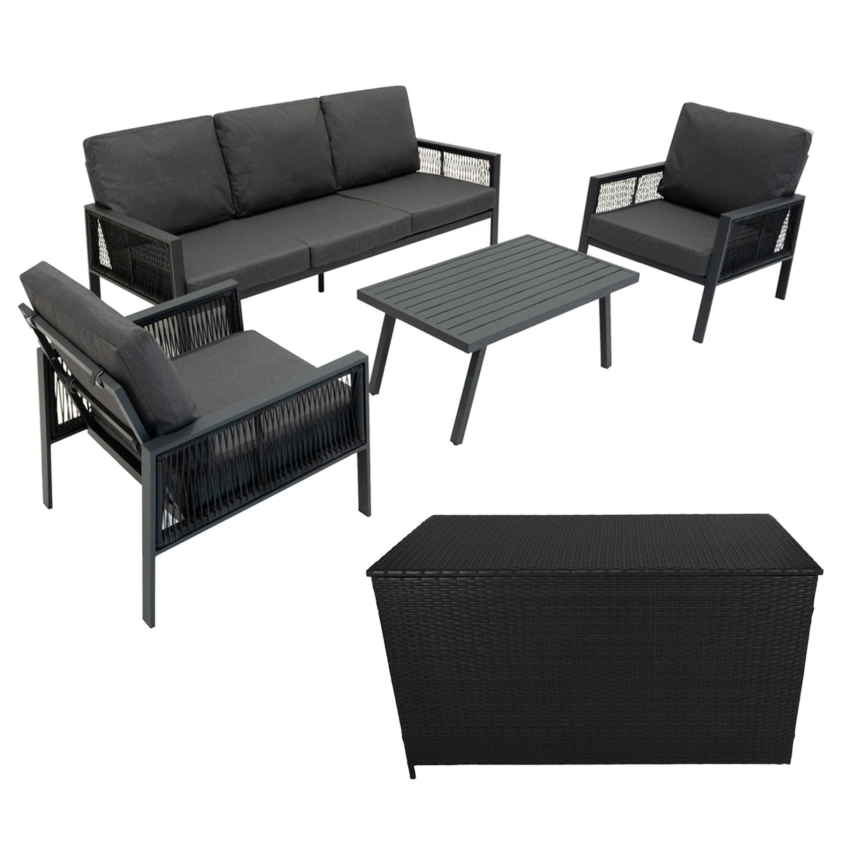 Conjunto de jardim de alumínio 5 lugares Cinza + Caixa em Rattan Preto