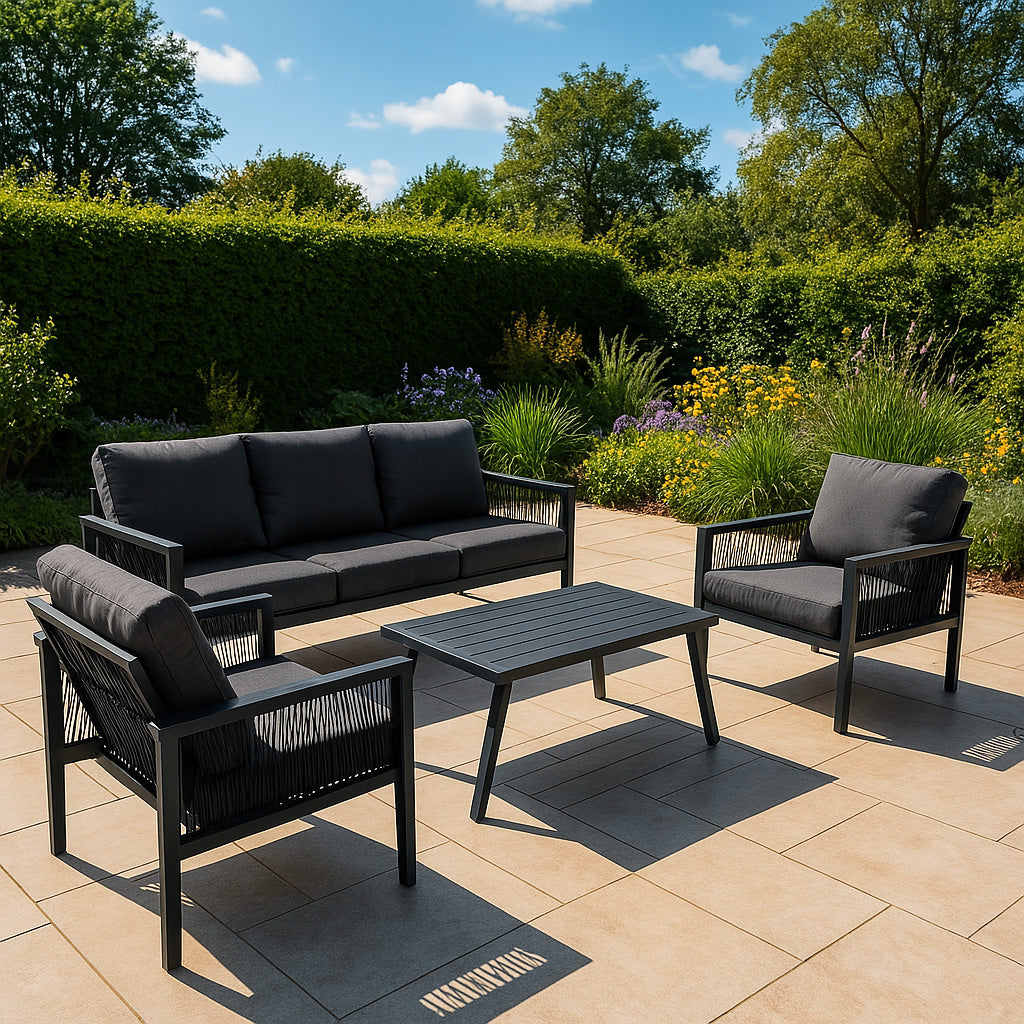 Conjunto de jardim de alumínio 5 lugares Cinza + Caixa em Rattan Preto