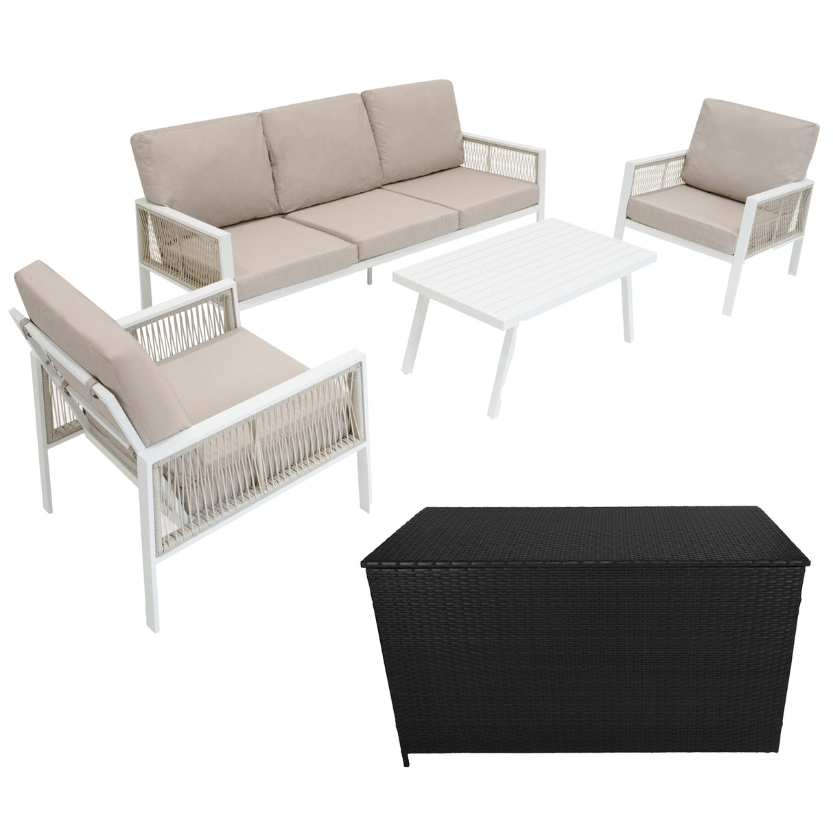 Conjunto de jardim de alumínio 5 lugares Branco + Caixa em Rattan Preto