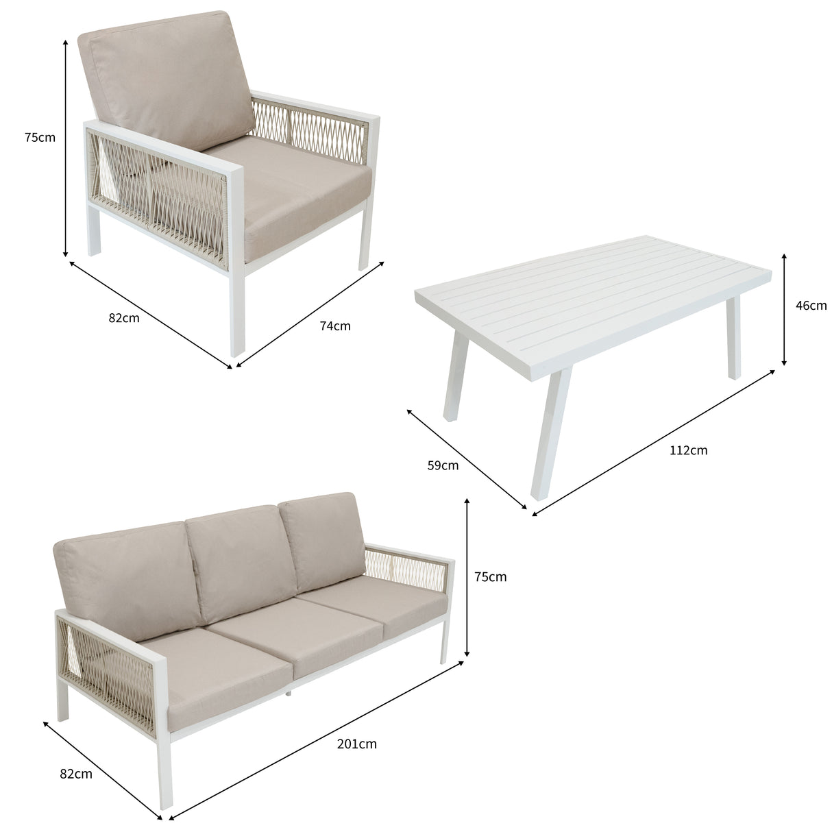 Conjunto de jardim de alumínio 5 lugares Branco + Caixa em Rattan Preto