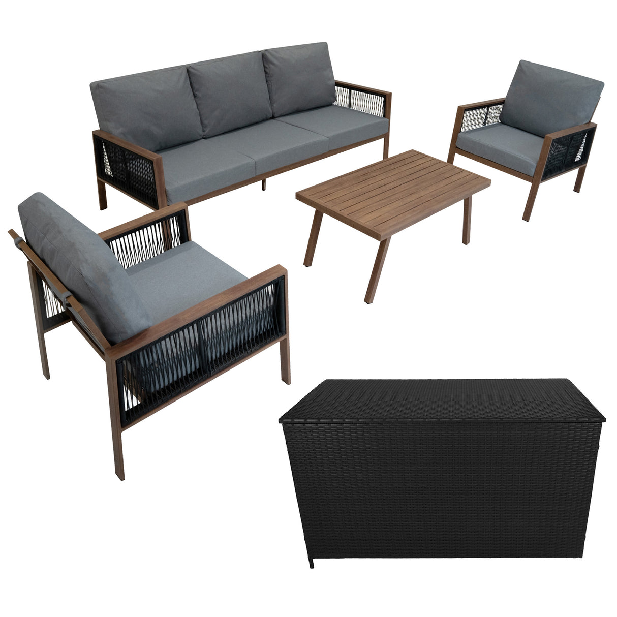 Conjunto de jardim de alumínio 5 lugares Efeito madeira + Caixa em Rattan Preto