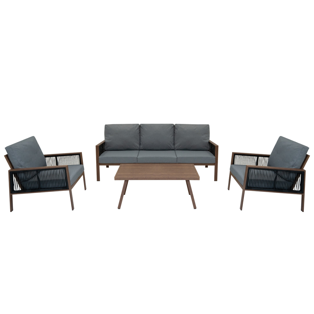 Conjunto de jardim de alumínio 5 lugares Efeito madeira + Caixa em Rattan Preto