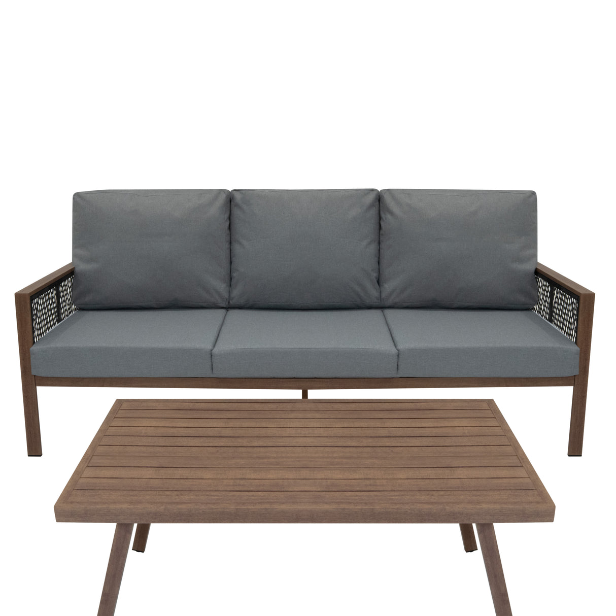 Conjunto de jardim de alumínio 5 lugares Efeito madeira + Caixa em Rattan Preto