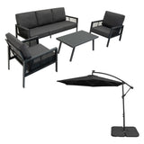 Conjunto de sofá em antracite com três cadeiras, mesa retangular e guarda-sol preto, ideal para áreas externas e conforto