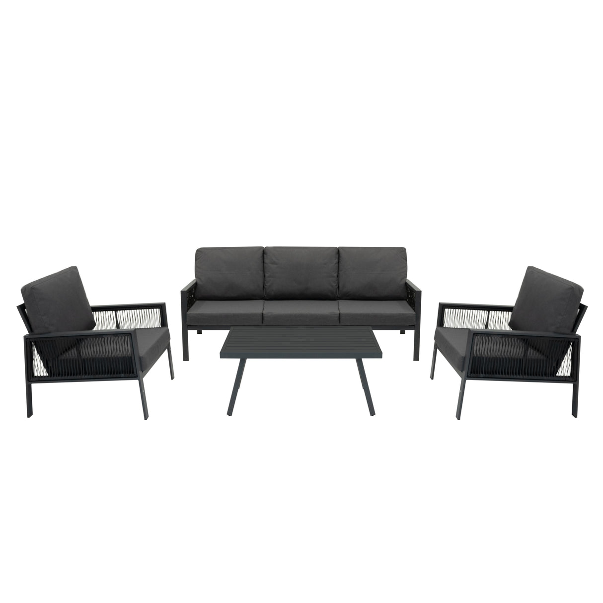 Conjunto de sofá de 4 peças em antracite, com almofadas macias, estrutura preta e mesa de centro elegante, ideal para áreas externas