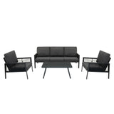 Conjunto de sofá de 4 peças em antracite, com almofadas macias, estrutura preta e mesa de centro elegante, ideal para áreas externas