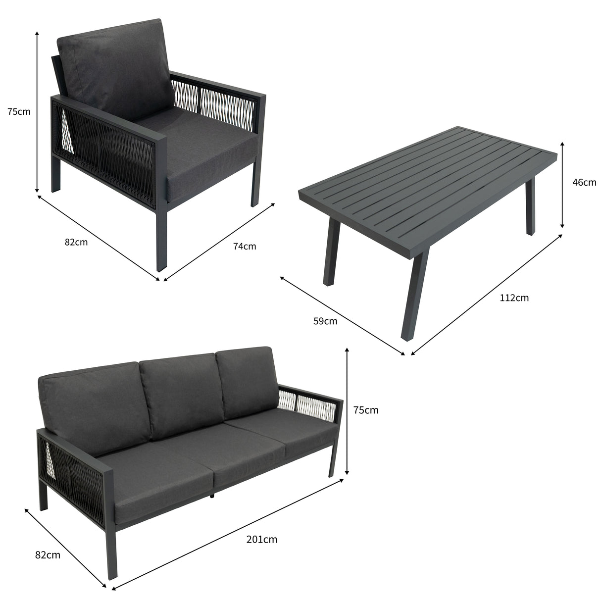Conjunto de sofá de 4 peças em antracite com almofadas pretas, mesa retangular e guarda-sol, ideal para áreas externas