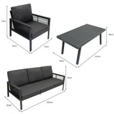 Conjunto de sofá de 4 peças em antracite com almofadas pretas, mesa retangular e guarda-sol, ideal para áreas externas