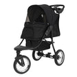 Carrinho para animais de estimação em preto, com estrutura leve, rodas grandes e capota protetora, ideal para passeios confortáveis