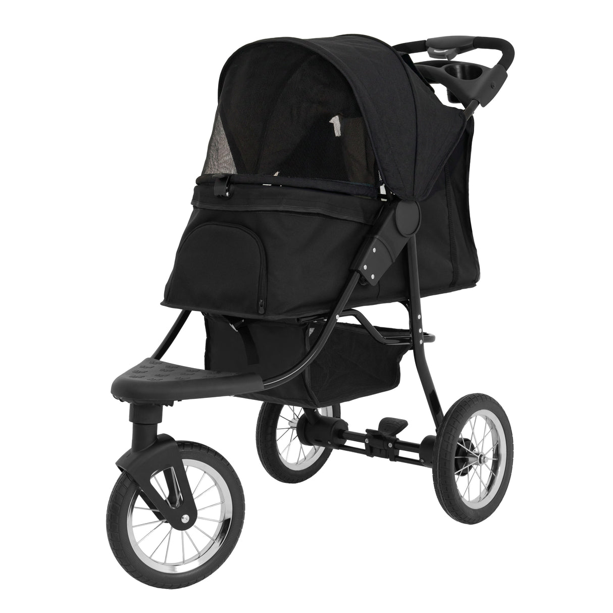 Carrinho para animais de estimação em preto, com estrutura leve, rodas grandes e capota protetora, ideal para passeios confortáveis