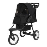 Carrinho para animais de estimação em preto, com estrutura leve, rodas grandes e capota protetora, ideal para passeios confortáveis