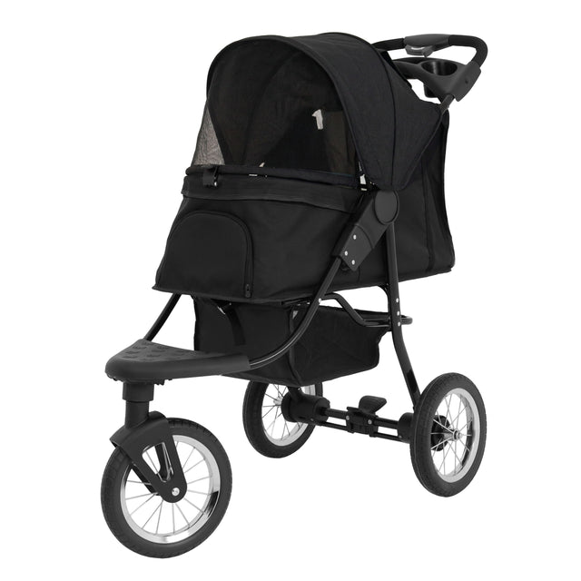 Carrinho para animais de estimação em preto, com estrutura leve, rodas grandes e capota protetora, ideal para passeios confortáveis