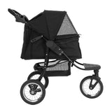 Carrinho para animais de estimação preto, com estrutura leve, capota de malha e rodas grandes, ideal para passeios confortáveis