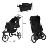 Carrinho de pet preto com estrutura leve, rodas grandes, assento espaçoso e bolso frontal para acessórios, ideal para passeios confortáveis