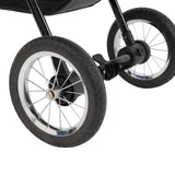 Carrinho para animais de estimação com rodas pretas e prateadas, estrutura leve e design moderno, ideal para passeios confortáveis