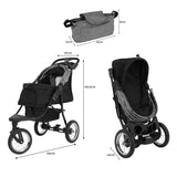 Carrinho para animais de estimação cinza, com assento espaçoso, rodas grandes e bolsa de transporte, ideal para passeios confortáveis