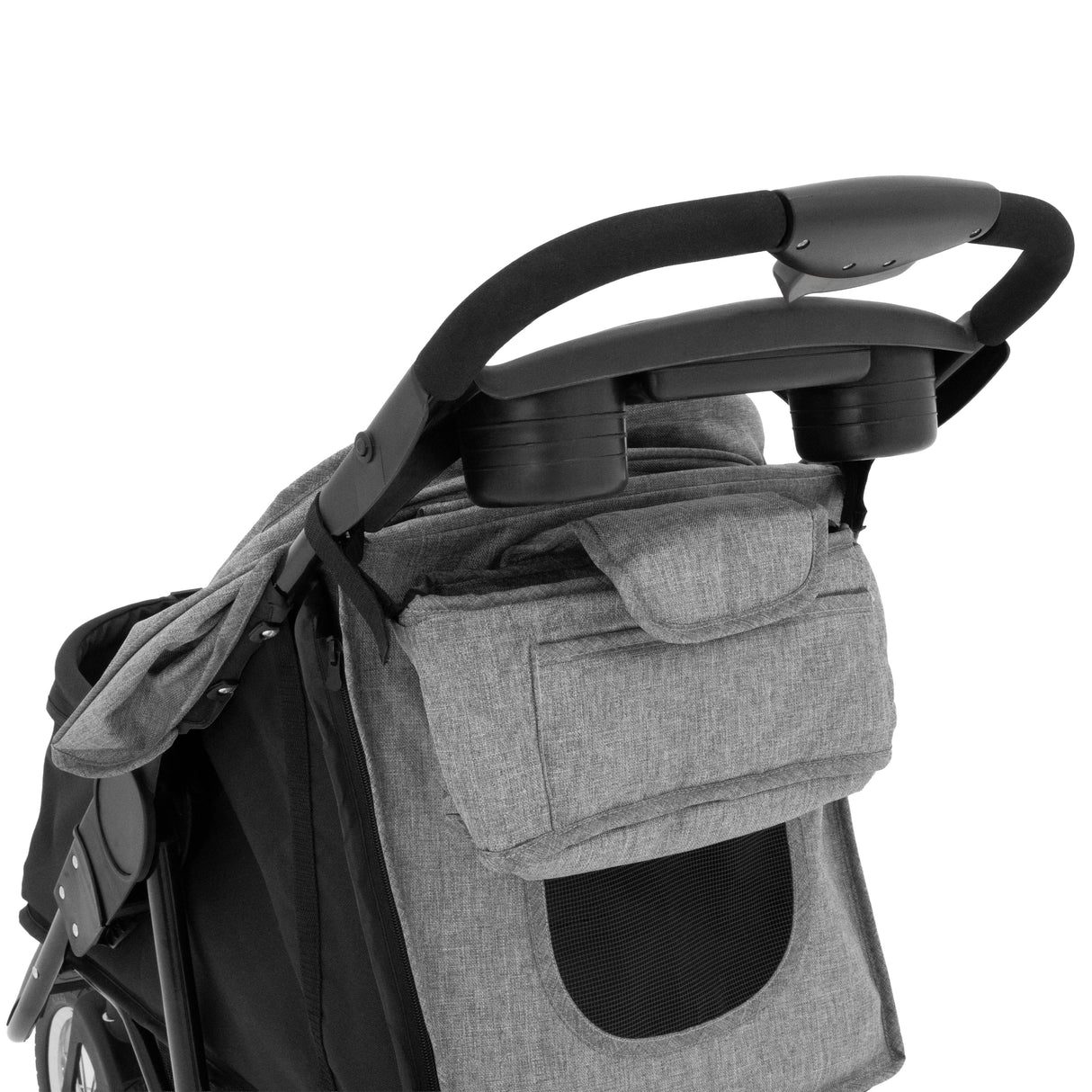 Carrinho para animais de estimação cinza, com estrutura leve, assento acolchoado e alça ergonômica para fácil manuseio