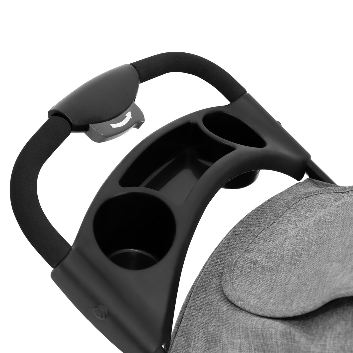 Carrinho para animais de estimação cinza com alça ergonômica, suporte para copos e tecido macio, ideal para passeios confortáveis