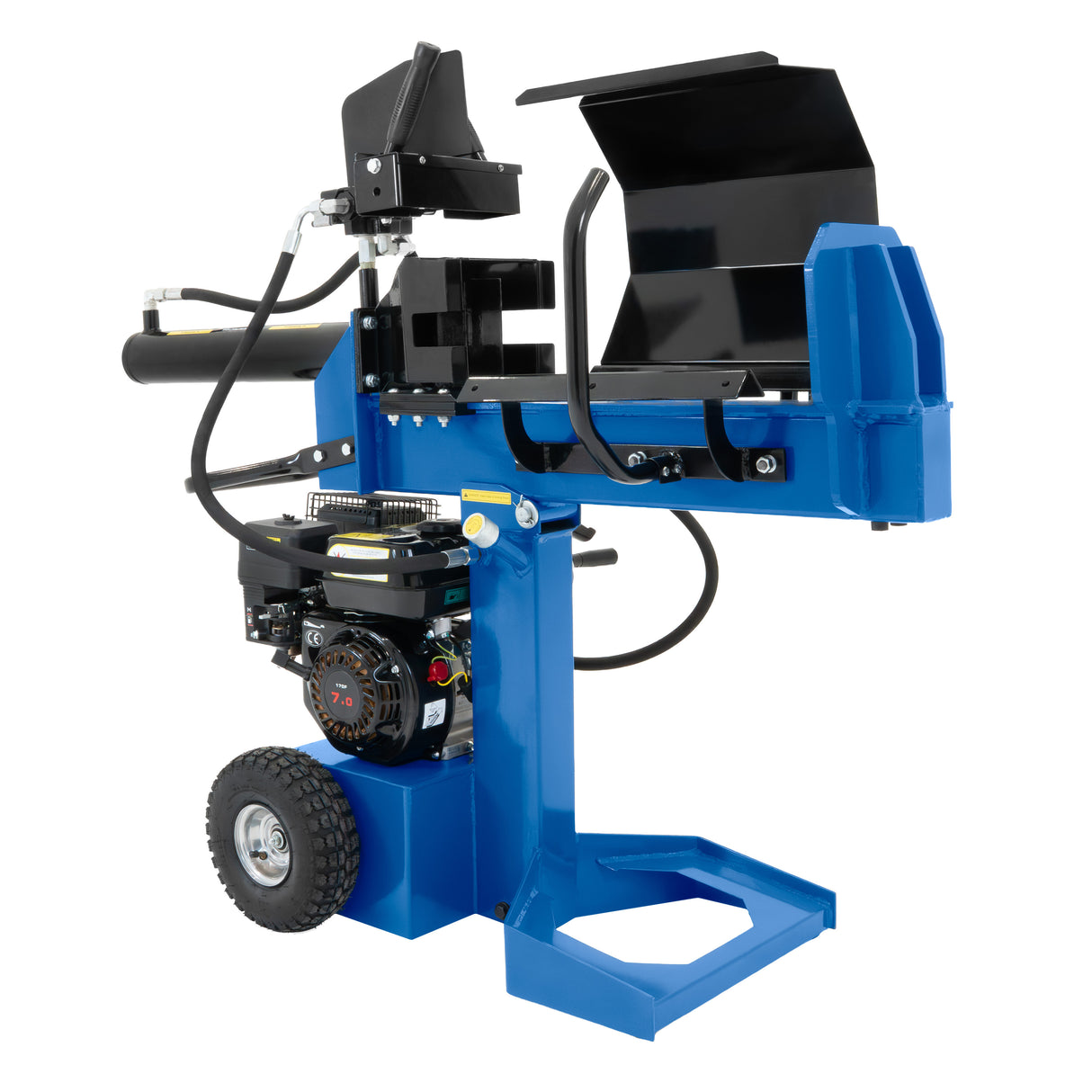 Rachador de lenha 15T em azul, com motor potente, rodas para mobilidade e estrutura robusta, ideal para cortar madeira com eficiência