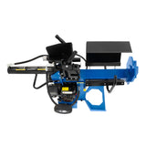 Rachador de lenha 15T em azul e preto, com rodas, motor visível e mesa de apoio, ideal para cortar troncos com eficiência