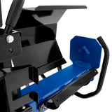 Rachador de lenha 15T com estrutura robusta, pintura preta e azul, destacando a lâmina e o suporte para troncos em metal resistente