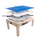 Mesa de jogos 7 em 1 em carvalho, com superfícies coloridas para diferentes jogos, incluindo hóquei, pingue-pongue e xadrez