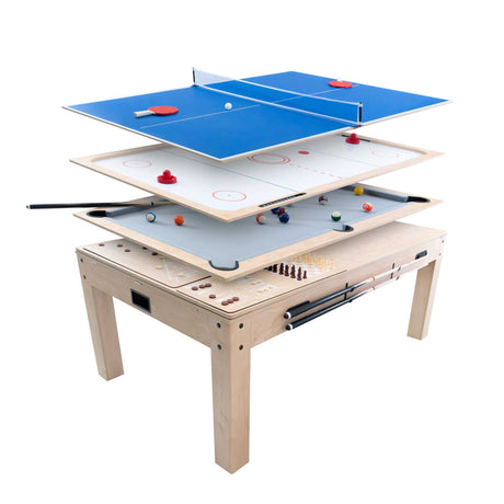 Mesa de jogos 7 em 1 em carvalho, com superfícies coloridas para diferentes jogos, incluindo hóquei, pingue-pongue e xadrez