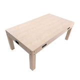 Mesa de jogos 7 em 1 em carvalho claro, com acabamento liso, bordas retas e pernas robustas, ideal para diversas atividades recreativas