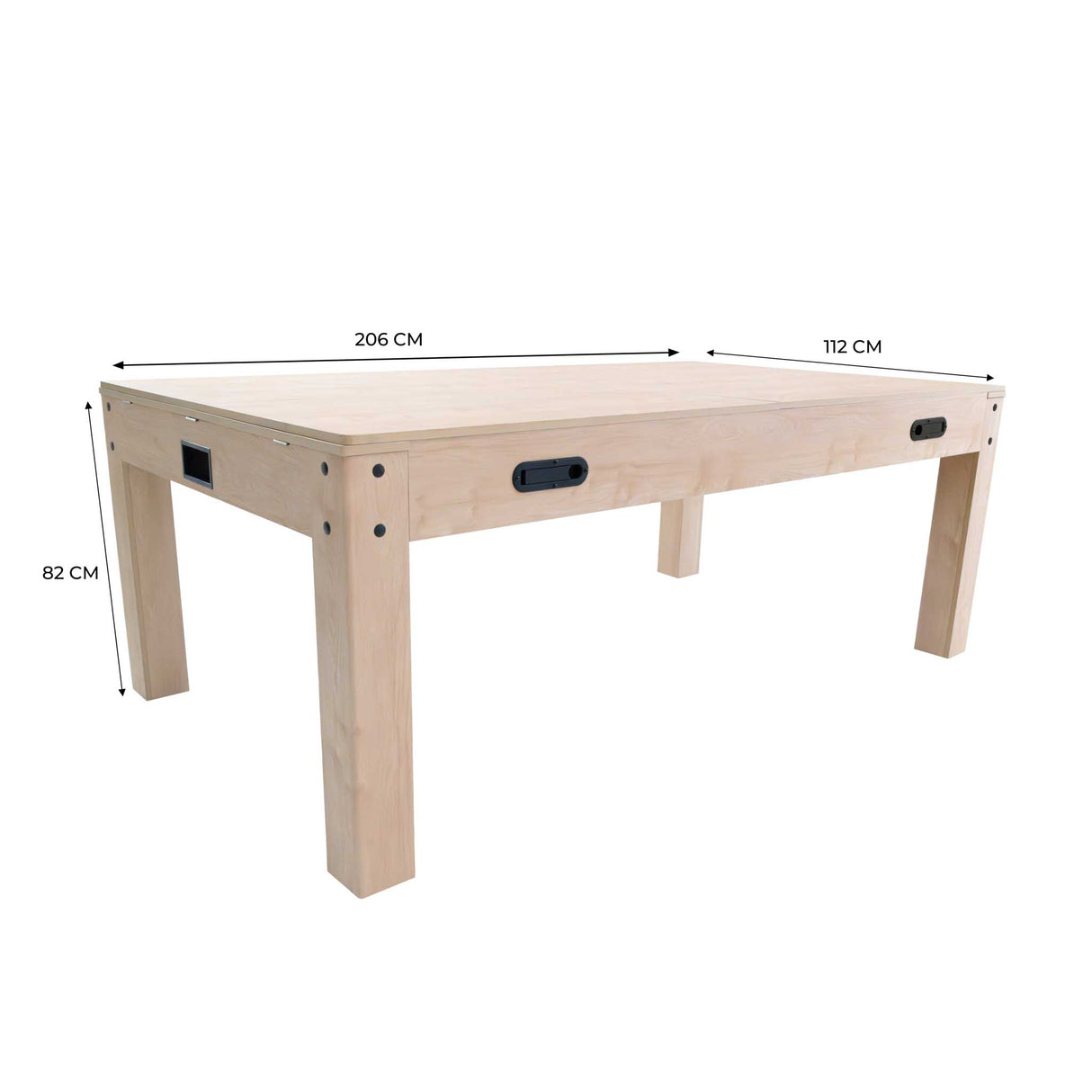 Mesa de jogos 7 em 1 em carvalho claro, com medidas de 206 cm de comprimento, 112 cm de largura e 82 cm de altura, design moderno e funcional