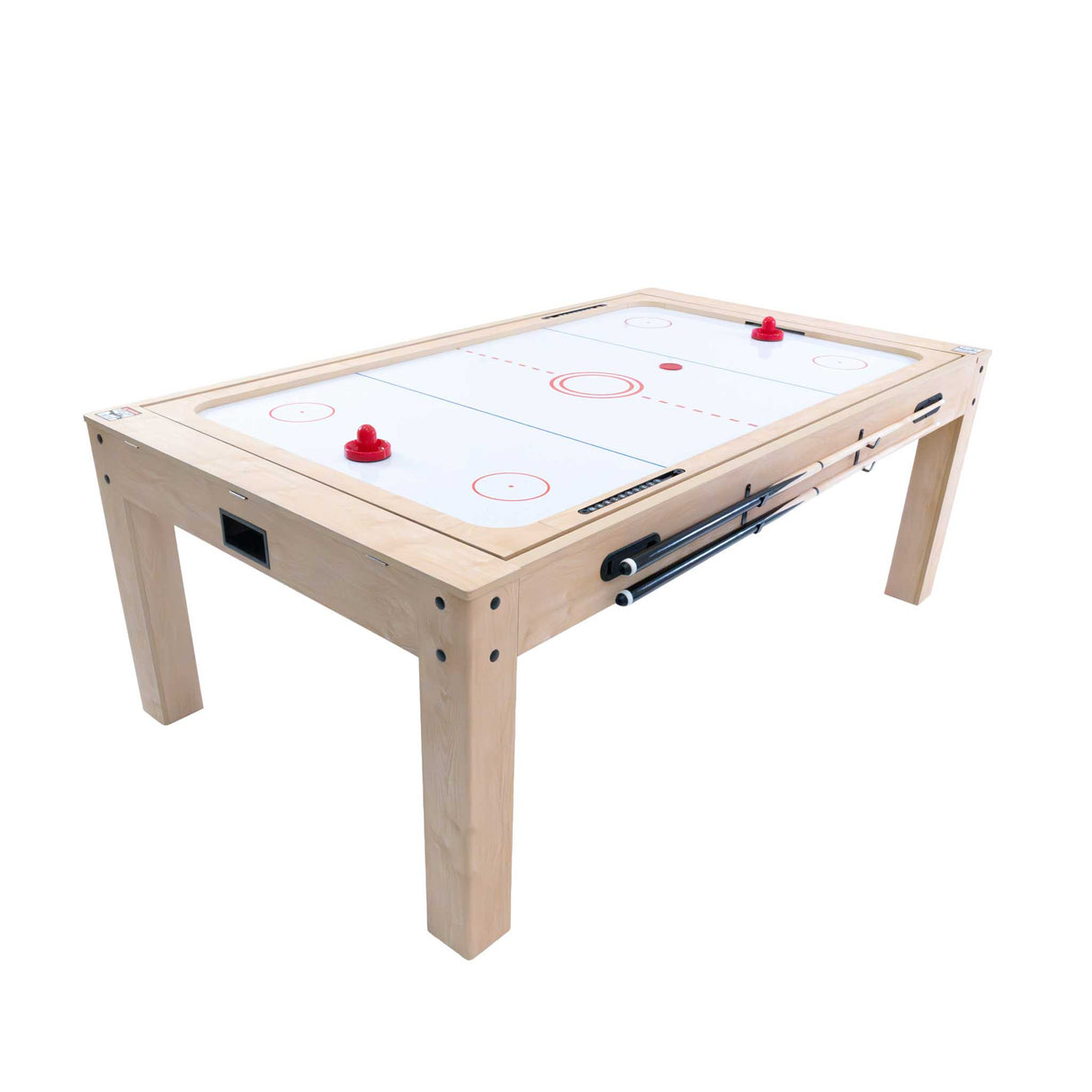 Mesa de jogos 7 em 1 em carvalho claro, com superfície branca para hóquei, detalhes vermelhos e estrutura robusta de madeira