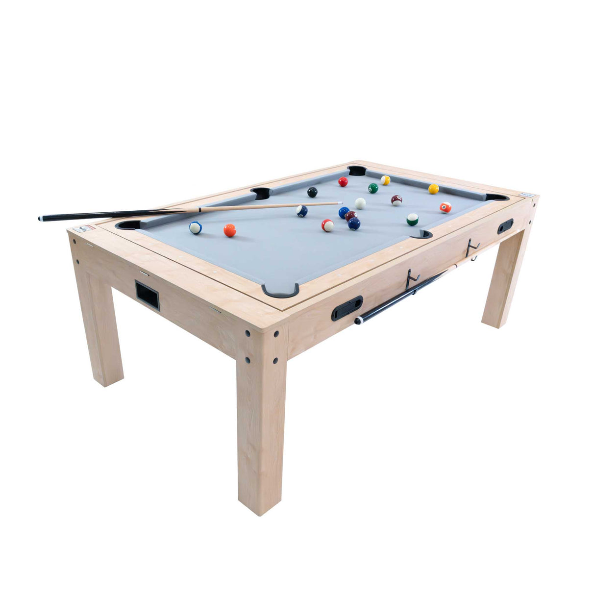 Mesa de jogos 7 em 1 em carvalho claro, com superfície cinza e bolas coloridas, ideal para diversas atividades recreativas
