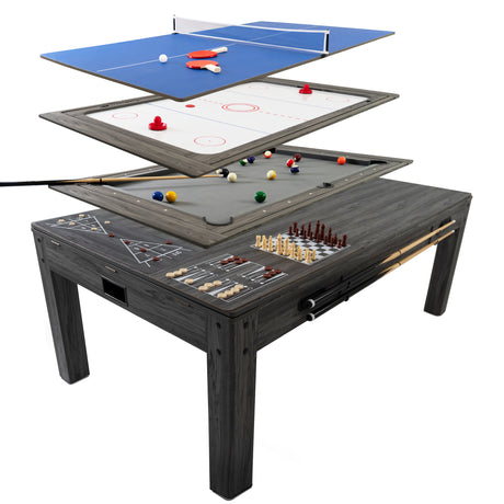 Mesa de jogos 7 em 1 cinza com superfícies intercambiáveis para bilhar, pingue-pongue, hóquei e jogos de tabuleiro, estrutura robusta