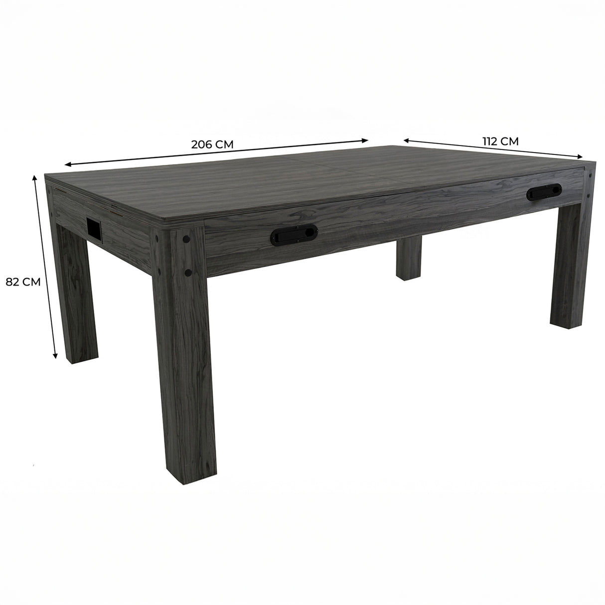 Mesa de jogos 7 em 1 em cinza, com acabamento texturizado, dimensões de 206 cm de comprimento, 112 cm de largura e 82 cm de altura