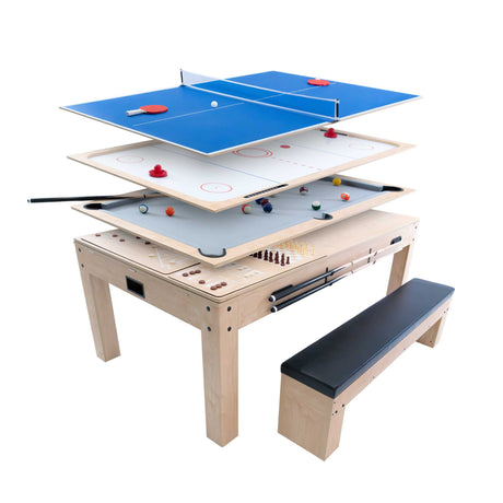 Mesa de jogos 7 em 1 em carvalho claro, com superfície modular para diferentes jogos, incluindo pingue-pongue e hóquei, acompanhada de banco de arrumação