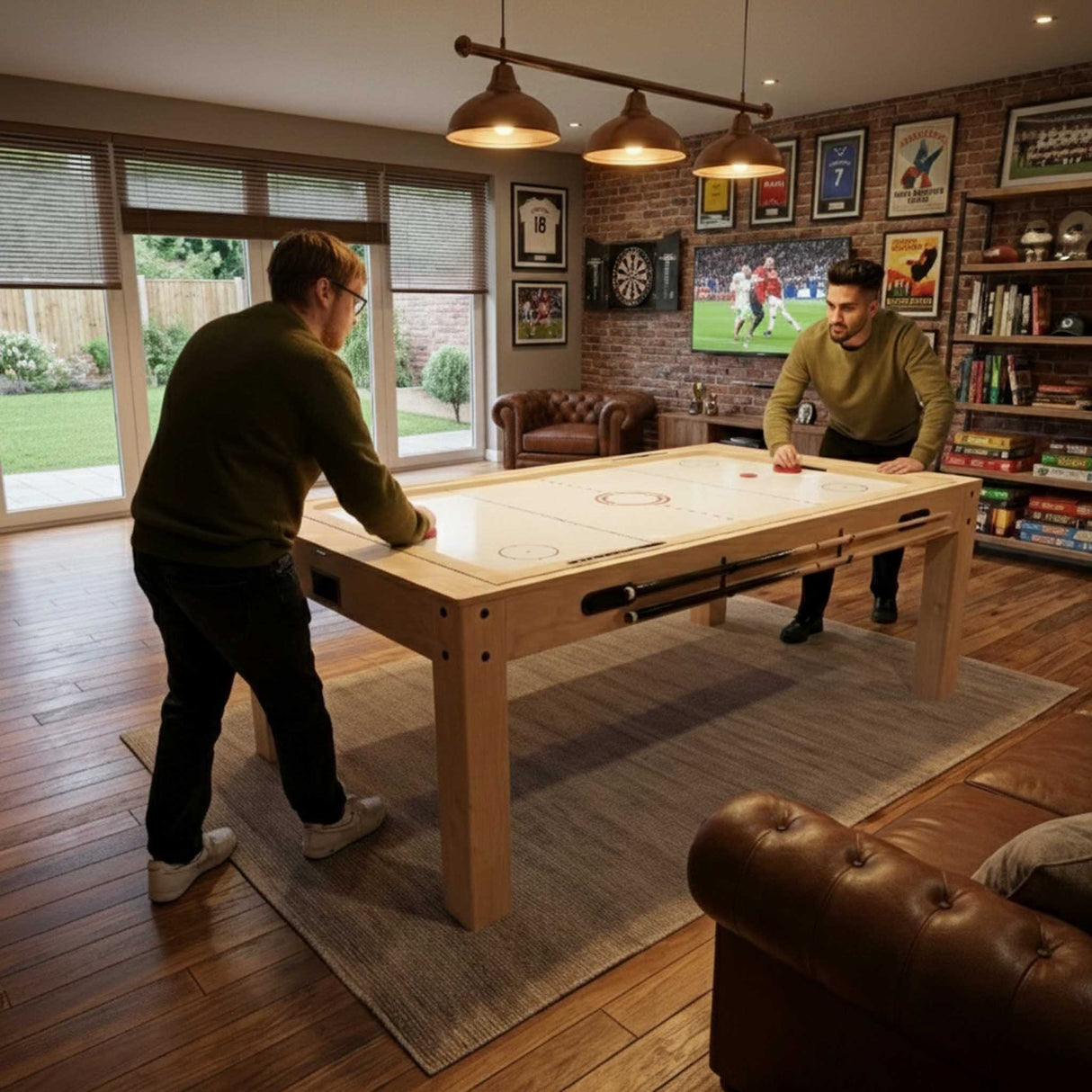 Mesa de jogos 7 em 1 em carvalho claro, com dois jogadores se divertindo, ambiente aconchegante e decoração moderna ao fundo