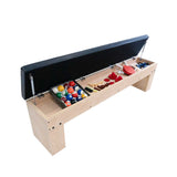 Mesa de jogos 7 em 1 em carvalho claro, com banco de arrumação e tampo preto, ideal para diversas atividades recreativas
