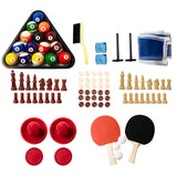 Mesa de jogos 7 em 1 cinza com peças coloridas, incluindo bilhar, xadrez, damas e pingue-pongue, ideal para entretenimento familiar