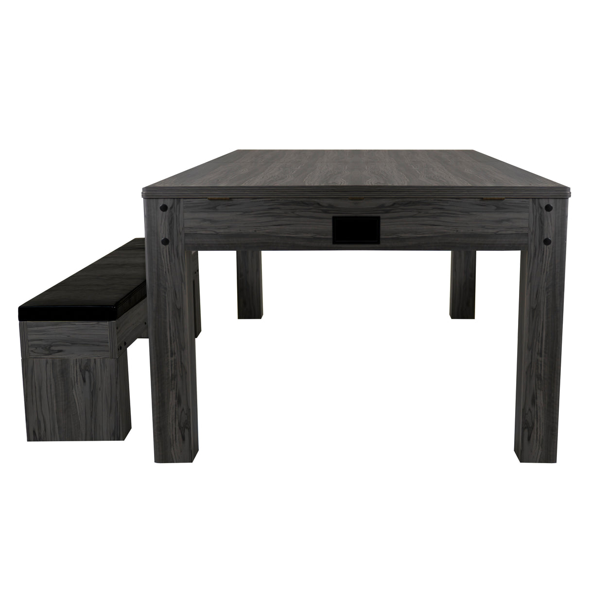 Mesa de jogos 7 em 1 cinza com acabamento em madeira, acompanhada de banco de arrumação, ideal para diversão e organização