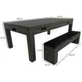 Mesa de jogos 7 em 1 cinza com banco de arrumação, estrutura retangular, acabamento texturizado e medidas detalhadas para uso versátil