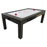 Mesa de jogos cinza 7 em 1 com superfície lisa, detalhes em vermelho, e espaço para armazenamento com banco integrado