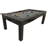 Mesa de jogos 7 em 1 em cinza escuro, com superfície de feltro e tacos, ideal para diversas atividades recreativas e armazenamento