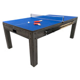 Mesa de jogos 7 em 1 cinza com superfície azul, incluindo acessórios como raquetes e bolinhas, ideal para diversão em família
