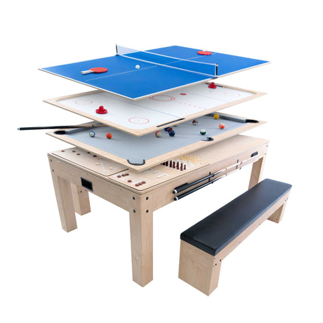Mesa de jogos de carvalho com 7 opções de jogos, 2 bancos, espaço de arrumação e superfícies coloridas para diferentes jogos