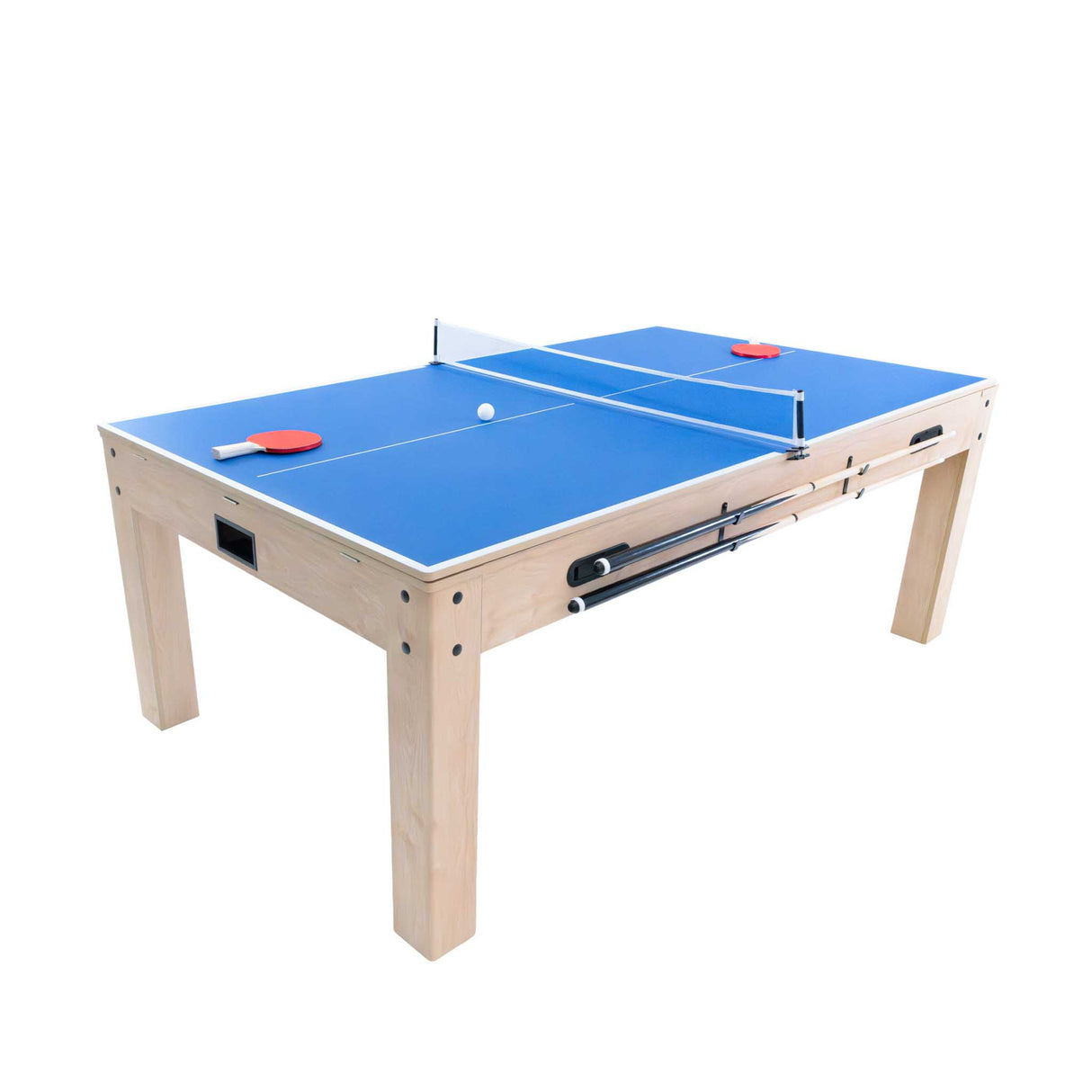 Mesa de jogos 7 em 1 com acabamento em carvalho, tampo azul, duas raquetes e bola, ideal para diversão em família e amigos