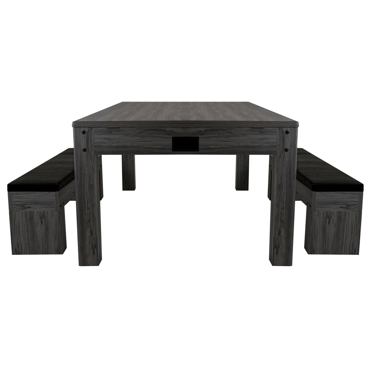 Mesa de jogos cinza com acabamento em madeira, acompanhada de dois bancos com espaço de arrumação, ideal para entretenimento e organização