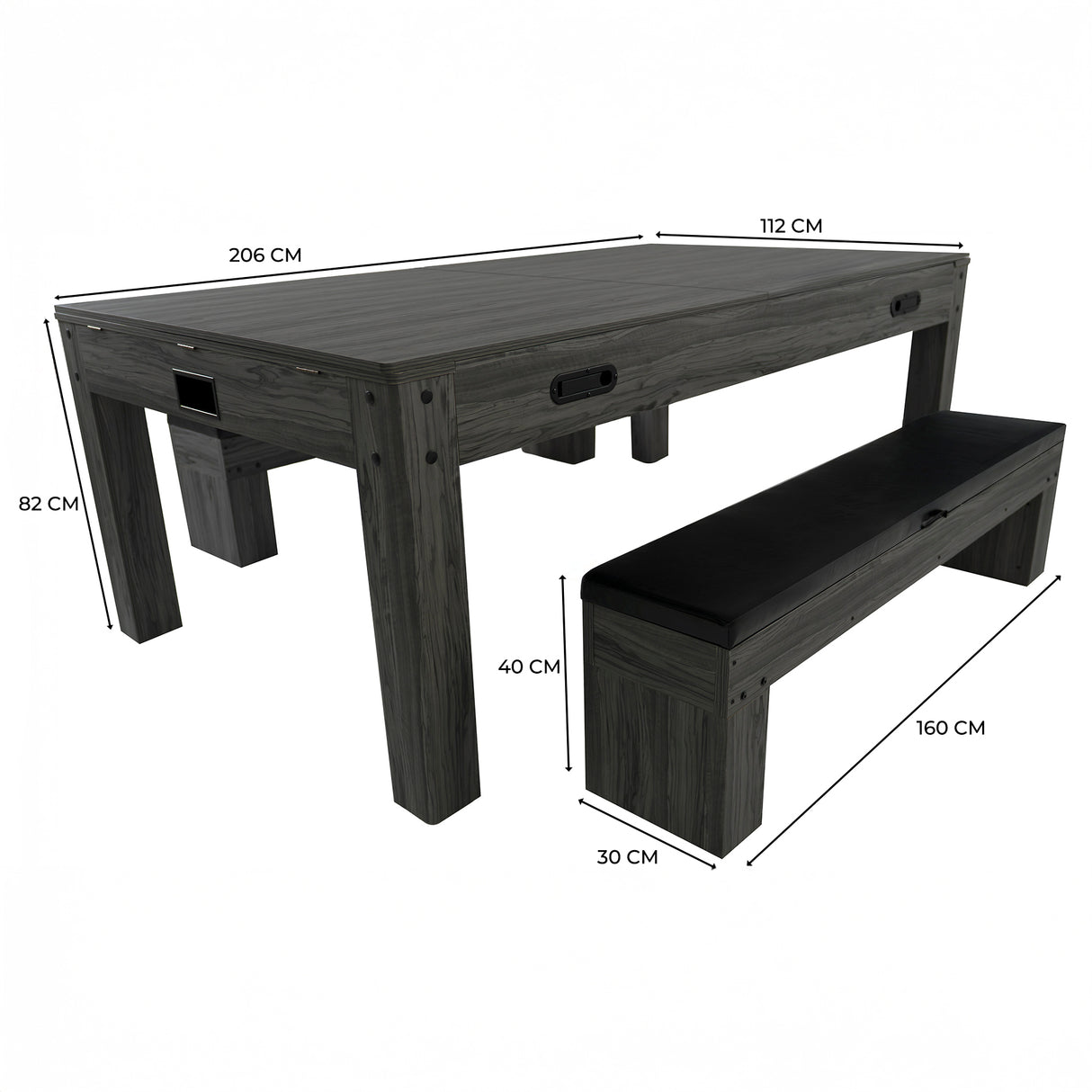Mesa de jogos cinza de 7 em 1 com dois bancos, espaço de arrumação, acabamento moderno e dimensões de 206x112 cm e 160x30 cm