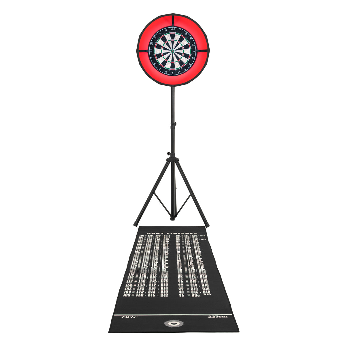 Jogo de dardos com moldura LED vermelha, suporte preto e tapete com marcações brancas, ideal para jogos em casa ou festas