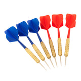 Dardos coloridos em azul e vermelho com pontas metálicas e cabos dourados, perfeitos para jogos e diversão em grupo