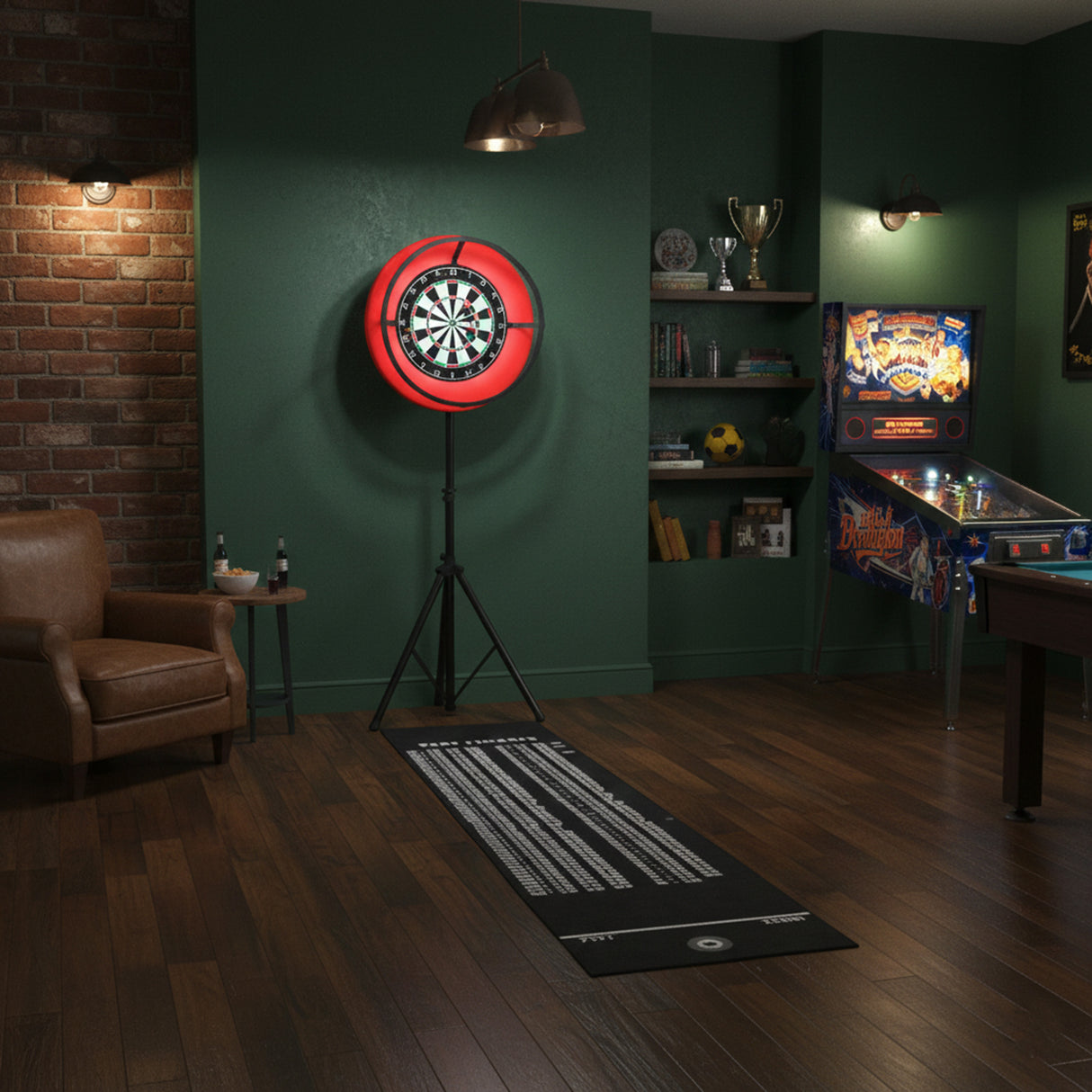 Jogo de dardos com moldura LED vermelha em ambiente aconchegante, paredes verdes e piso de madeira, ideal para jogos e entretenimento